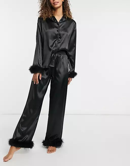 Night satin shirt and bottom pajama set with detachable feather trims in black | ASOS (Global)