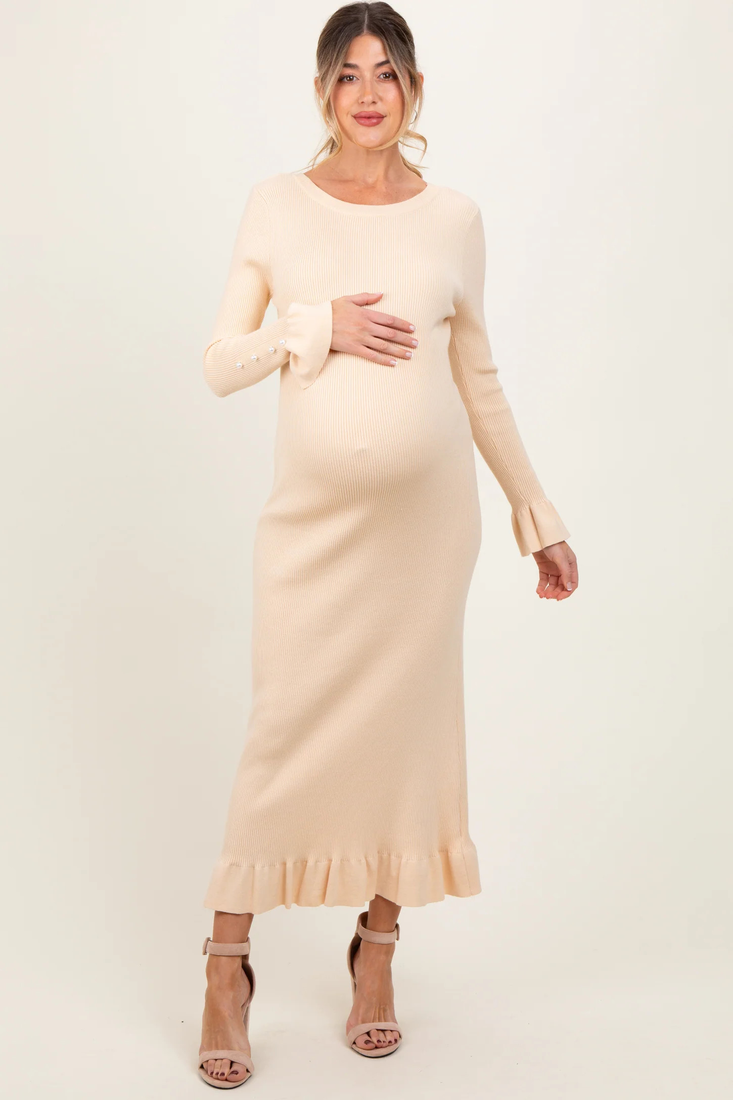 Light Yellow Ribbed Knit Bow Back Maternity Maxi Dress | PinkBlush Maternity