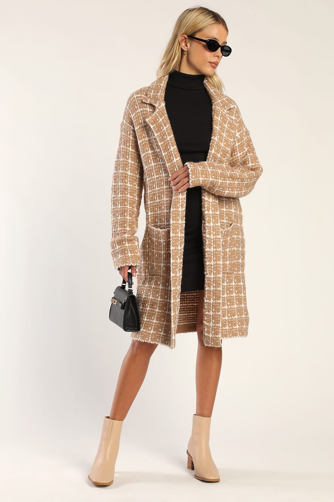 Cozy Conditions Tan and White Knit Plaid Coatigan | Lulus (US)