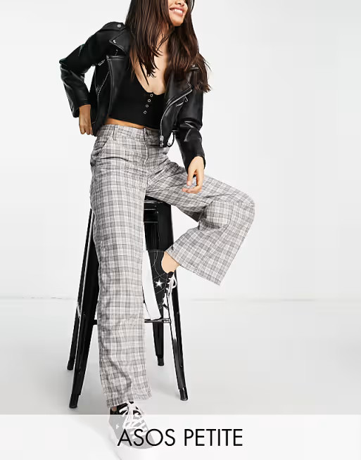 ASOS DESIGN Petite slouchy straight leg pants in gray check | ASOS (Global)