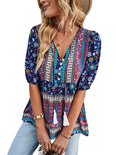 KAYWIDE Women's Casual Boho V Neck Top Loose Floral Printed Long Sleeve Beach Shirts Blouses | Amazon (US)