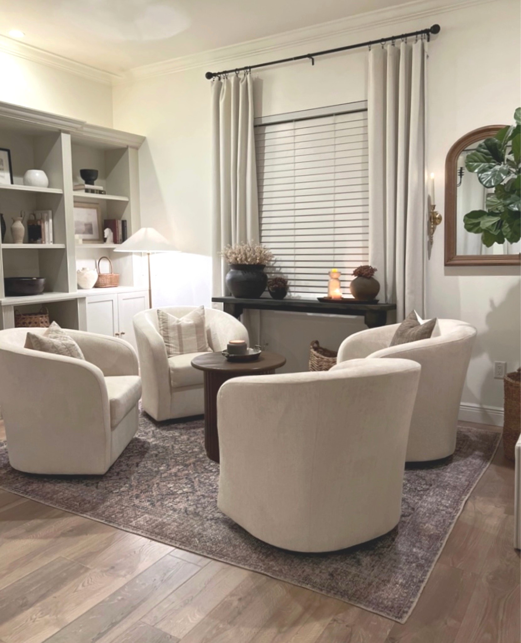 Love our swivel chairs. They are very comfortable. I have moved them all over the house and have separated them. My fav is this conversation set up in our living room. The fabric is a soft velvety velour  finish. 

#LTKhome #LTKstyletip #LTKfamily