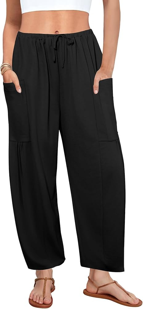 DLOODA Flowy Wide Leg Pants for Women, Drawstring Palazzo Harem Pants Casual Beach Vacation Trous... | Amazon (US)