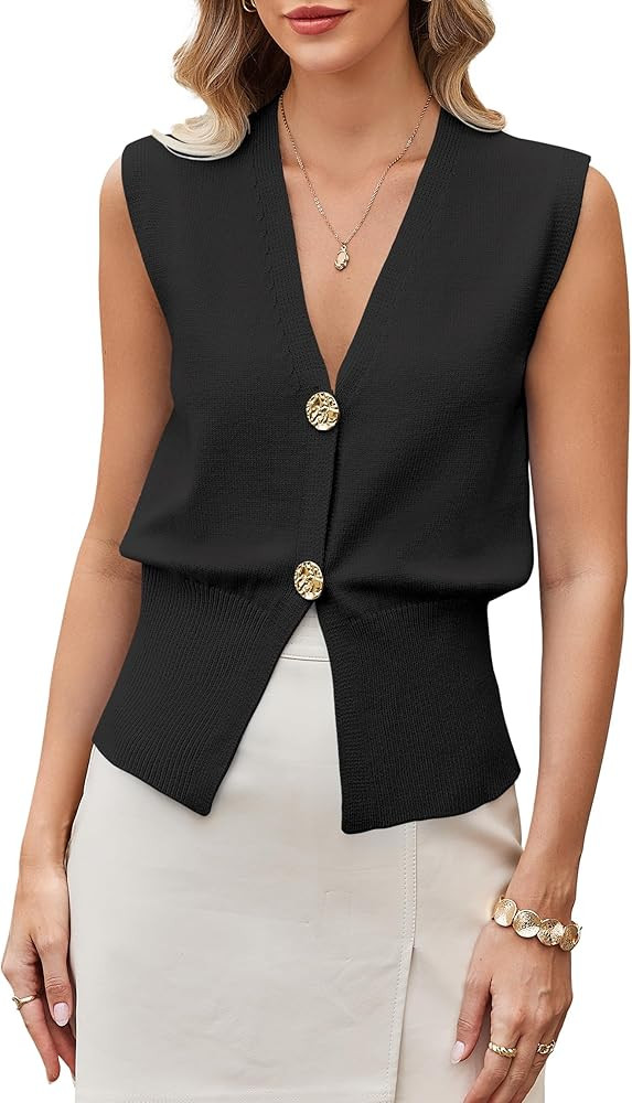 GUOLEZEEV Womens Sweater Vest Button Up V Neck Knit Vest Tops Sleeveless Cardigan Sweaters Tank T... | Amazon (US)