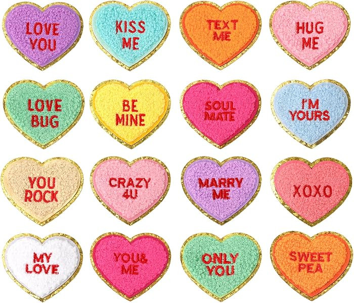 JarThenaAMCS 16Pcs Valentine Iron On Patch Gold Edge Conversation Heart Chenille Patch Colorful E... | Amazon (US)