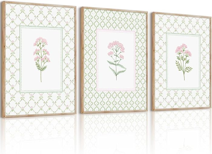 Pink Green Floral Wall Art Girl Room Wall Decor Nursery Flower Pictures Pastel Floral Canvas Post... | Amazon (US)