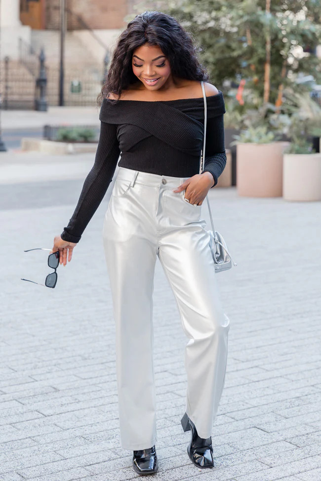 Share Your Thoughts Silver Metallic Straight Leg Pants FINAL SALE | Pink Lily