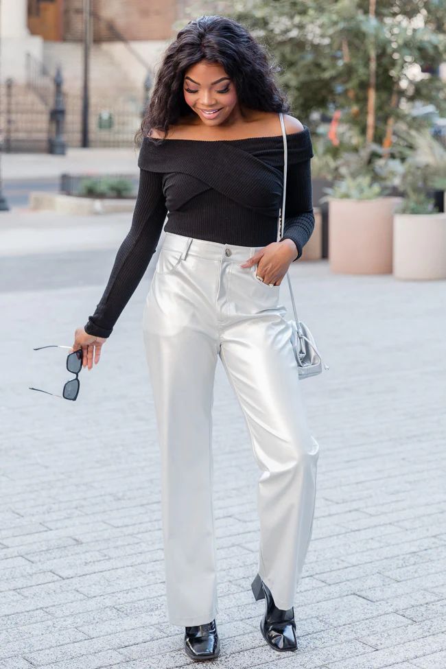 Share Your Thoughts Silver Metallic Straight Leg Pants | Pink Lily