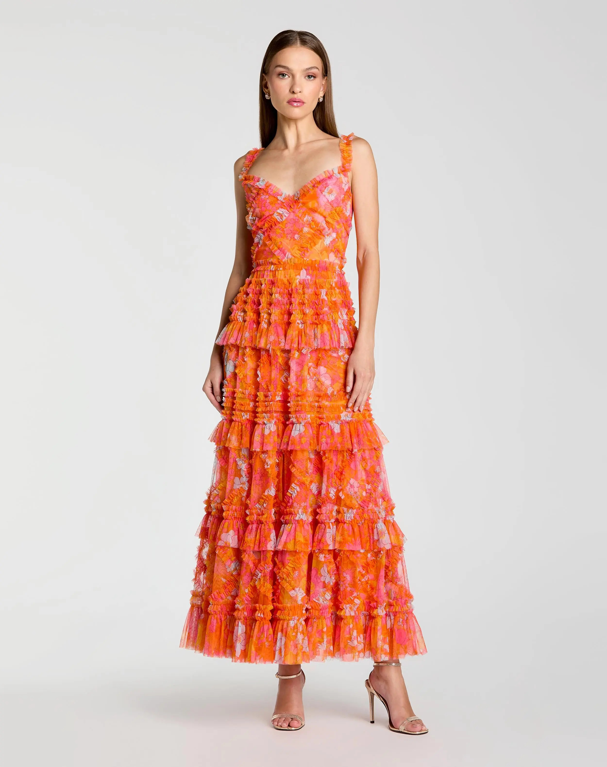 Orange Sleeveless Floral Ruffle A-Line Maxi Dress | Mac Duggal | Mac Duggal