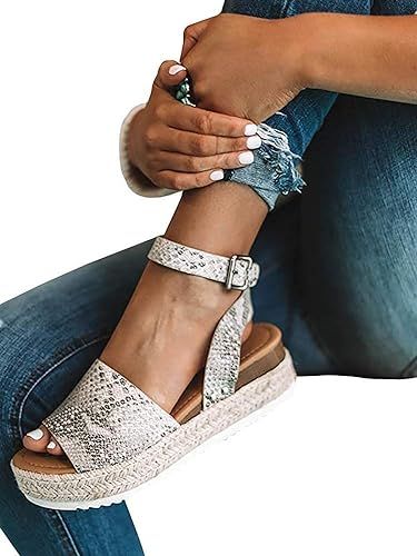 Ermonn Women's Platform Espadrilles Ankle Strap Flatform Studded Open Toe Summer Wedge Sandals | Amazon (US)