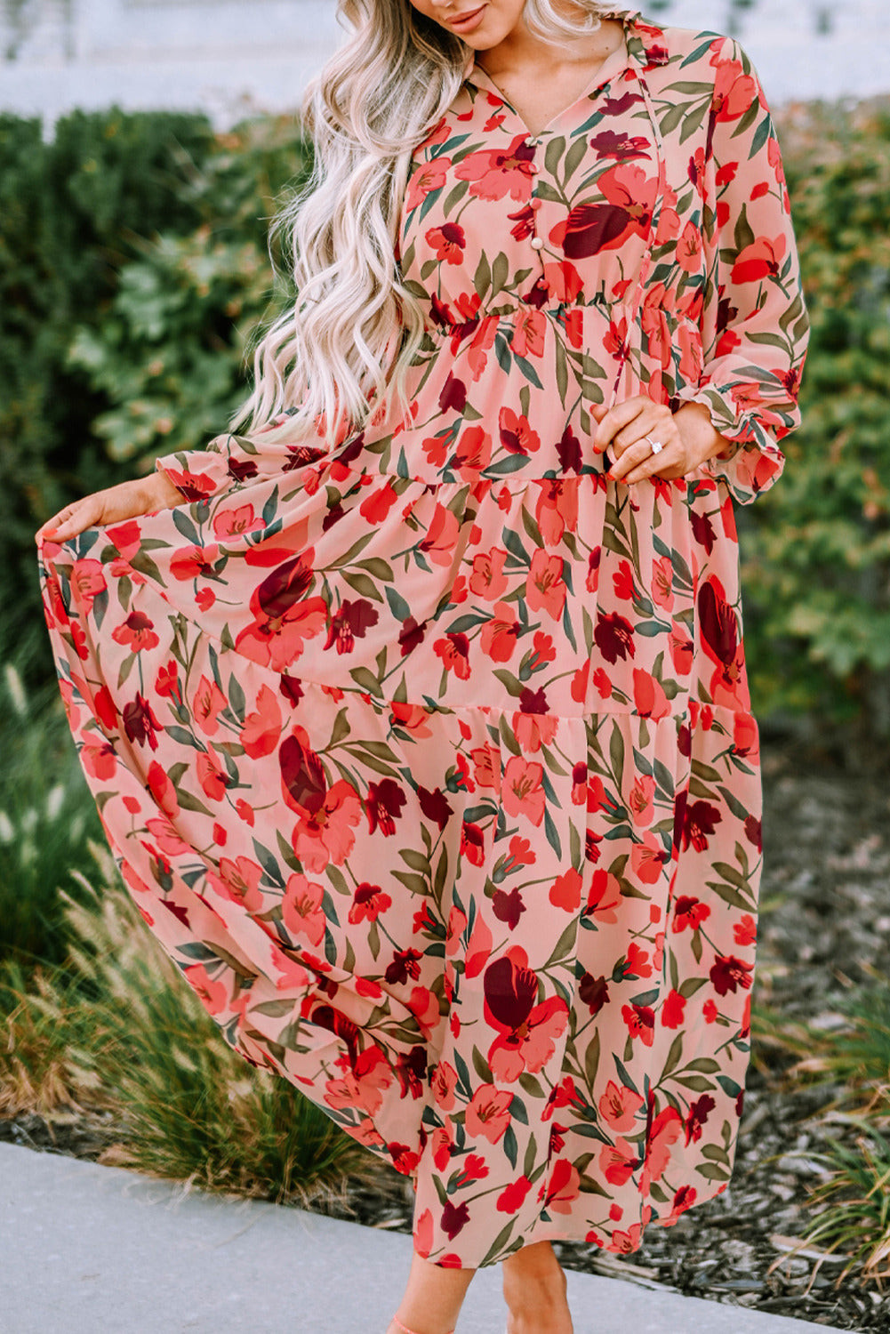 Frilled Collar Long Sleeve Tiered Maxi Floral Dress | Evaless
