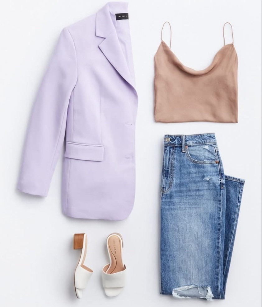 #casual #brunch #easter #chic #pastel #lavenderblazer #silkcami #whitesandals #whiteshoes #spring #jeans #cottage #femme