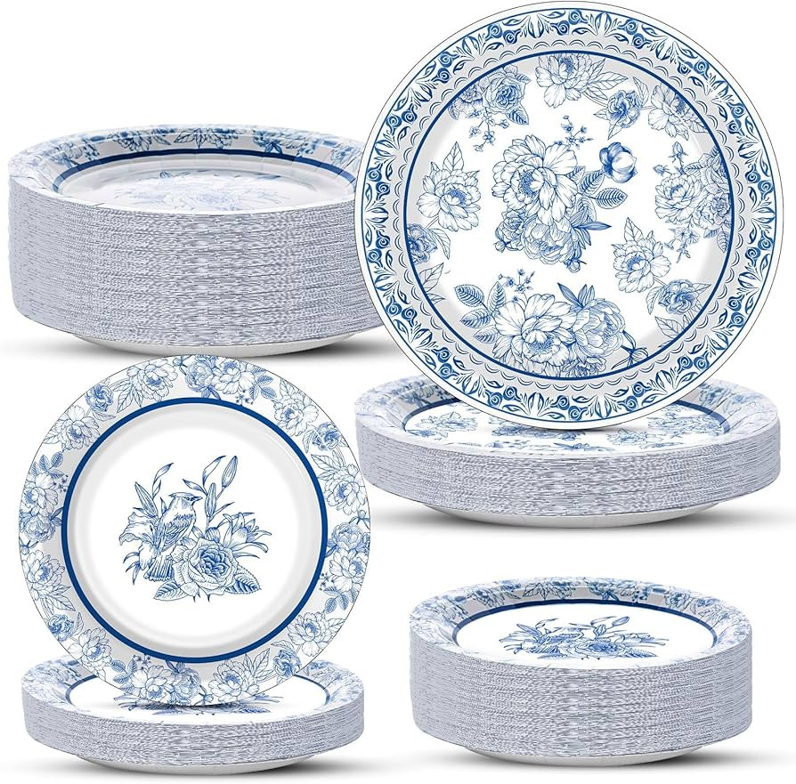 48PCS Floral Blue White Party Supplies Set Paper Disposable Plates Blue Flower Paper Plates Desse... | Amazon (US)