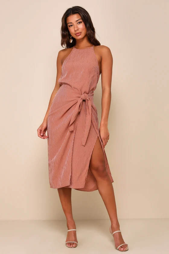 Amalfi Muse Rust Brown Striped Cutout Faux Wrap Midi Dress | Lulus