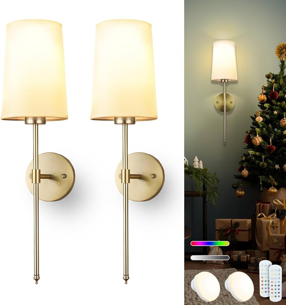 Wall Lights Battery Operated Wall Sconce Set of 2, Gold Rechargeable Wall Lamp with 15 RGB Colors... | Amazon (US)
