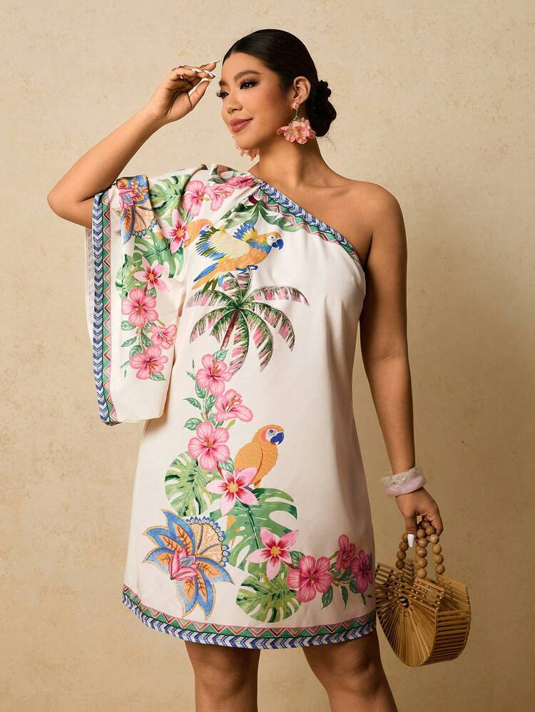 Travachic Plus Size Women Casual Floral Print Asymmetric Neck Mini Dress, Suitable For Summer Holiday | SHEIN