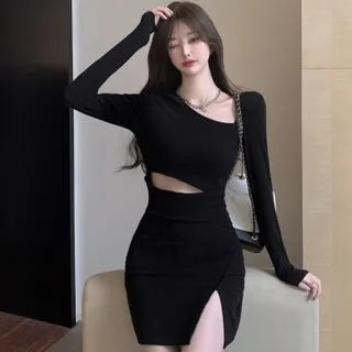 Long Sleeve Plain Cutout Dress Black - One Size | YesStyle Global