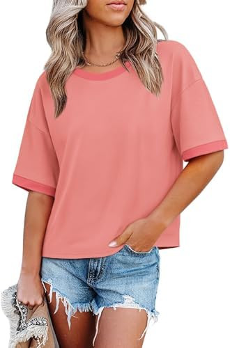 WIHOLL Womens T Shirts Loose Fit Short Half Sleeve Crew Neck Oversized Tshirts Color Block Summer... | Amazon (US)