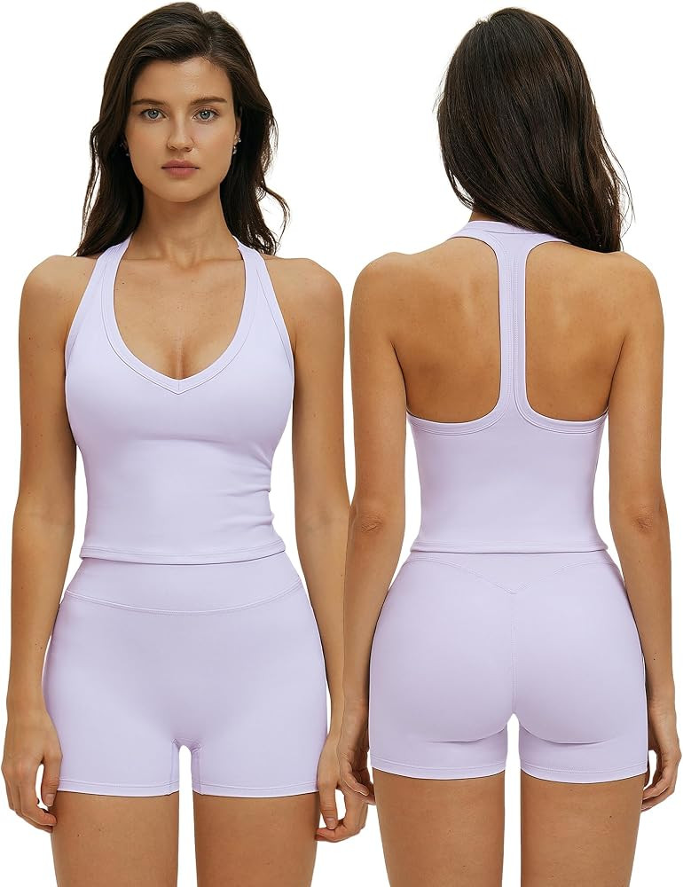 ABOCIW Workout Sets for Women 2 Piece Padded V Neck Racerback Tank Top Matching High Waist Biker ... | Amazon (US)