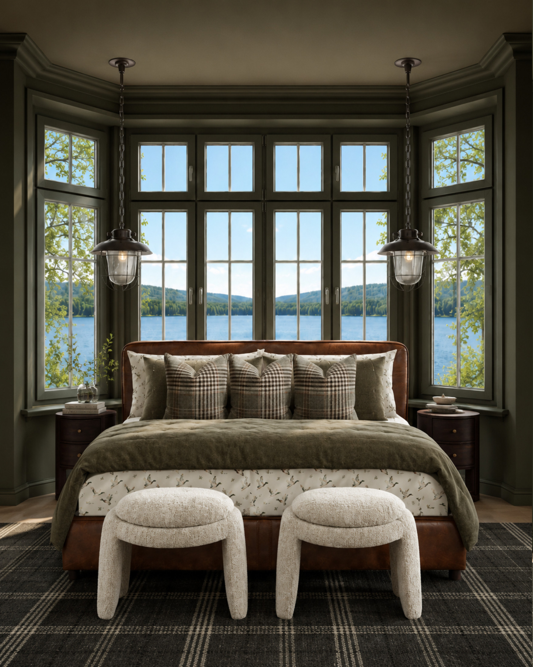 Lakeside bedroom layers 🌿

Dark olive walls, tailored plaid pillows, cozy textures, and a view that does all the talking. I love how the leather bed warms up the deep green palette, while the soft boucle stools and patterned bedding keep it feeling layered and inviting.

#LTKHome #LTKFinds #BedroomDesign #LakeHouseStyle #MoodyInteriors #DarkGreenBedroom #CozyBedroom #DesignerFinds #HomeDecorInspo #ClassicInteriors 

 #LTKHome