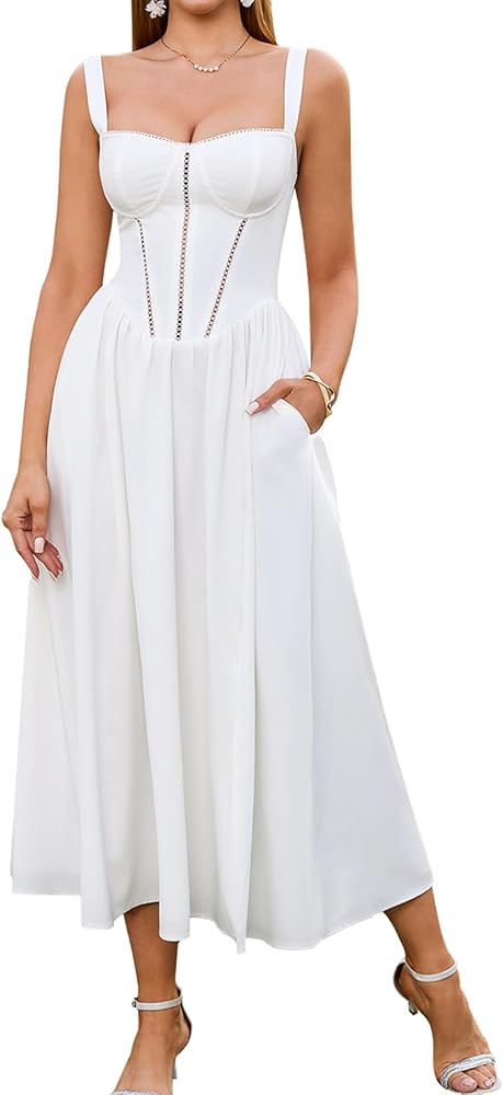 KUTUMAI Floral Corset Midi Dress Flowy Slit Summer Spring Wedding Guest Dresses for Women Sundres... | Amazon (US)