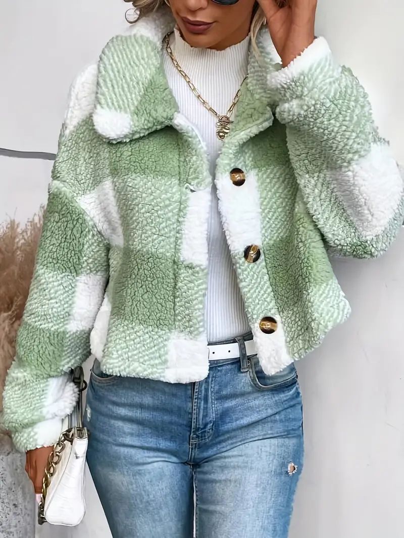 Plaid Teddy Coat, Casual Button Front Long Sleeve Winter Warm Outerwear, Women's Clothing | Temu Affiliate Program