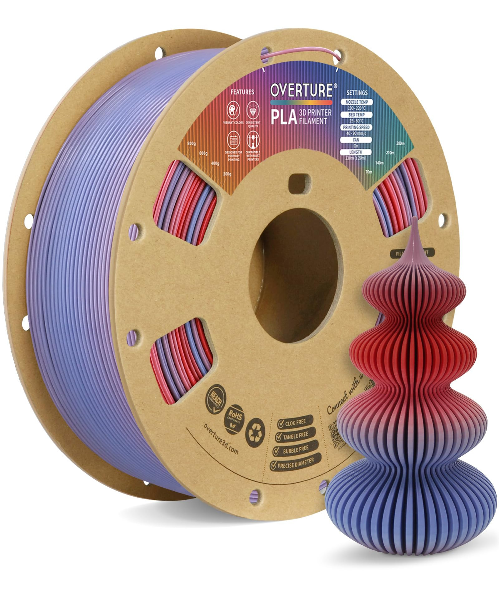 OVERTURE Rainbow PLA Filament 1.75mm, Neatly Wound 3D Printer Filament 1kg Spool (2.2lbs), Dimens... | Amazon (US)