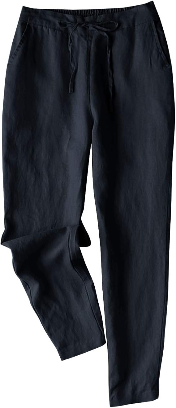 IXIMO Women's Tapered Pants 100% Linen Drawstring Back Elastic Waist Ankle Length Pants | Amazon (US)