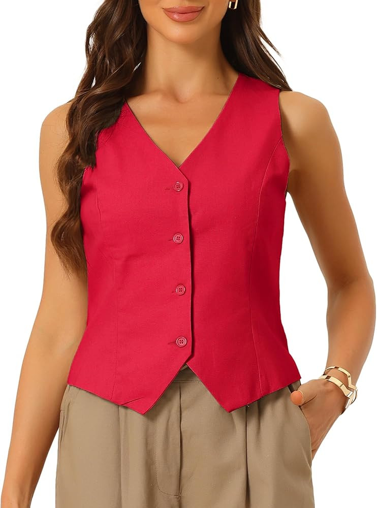 Allegra K Vest Tops for Women Summer Cotton Linen Sleeveless Button Down V Neck Fully Lined Waist... | Amazon (US)
