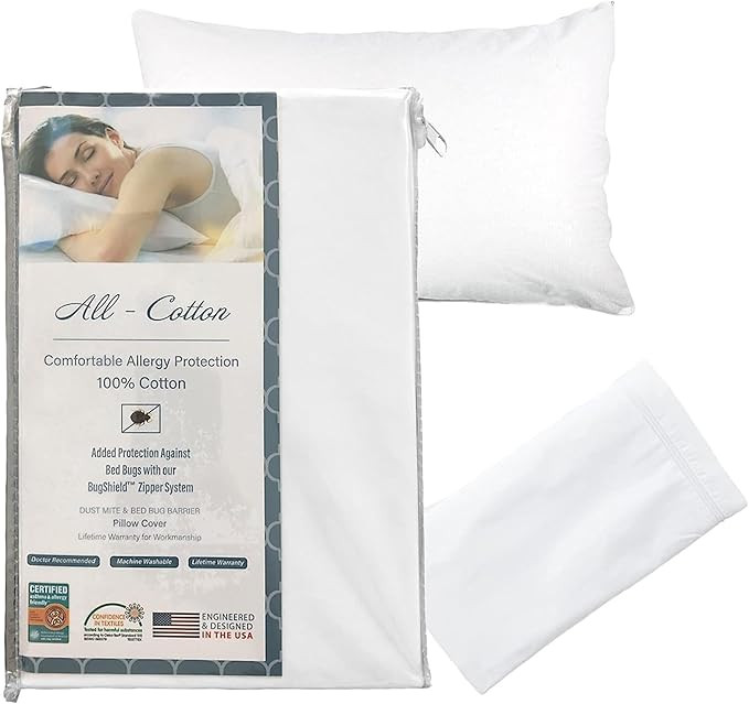 National Allergy Premium 100% Cotton Zippered Pillow Protector - Standard Size - White - 2 Pack -... | Amazon (US)