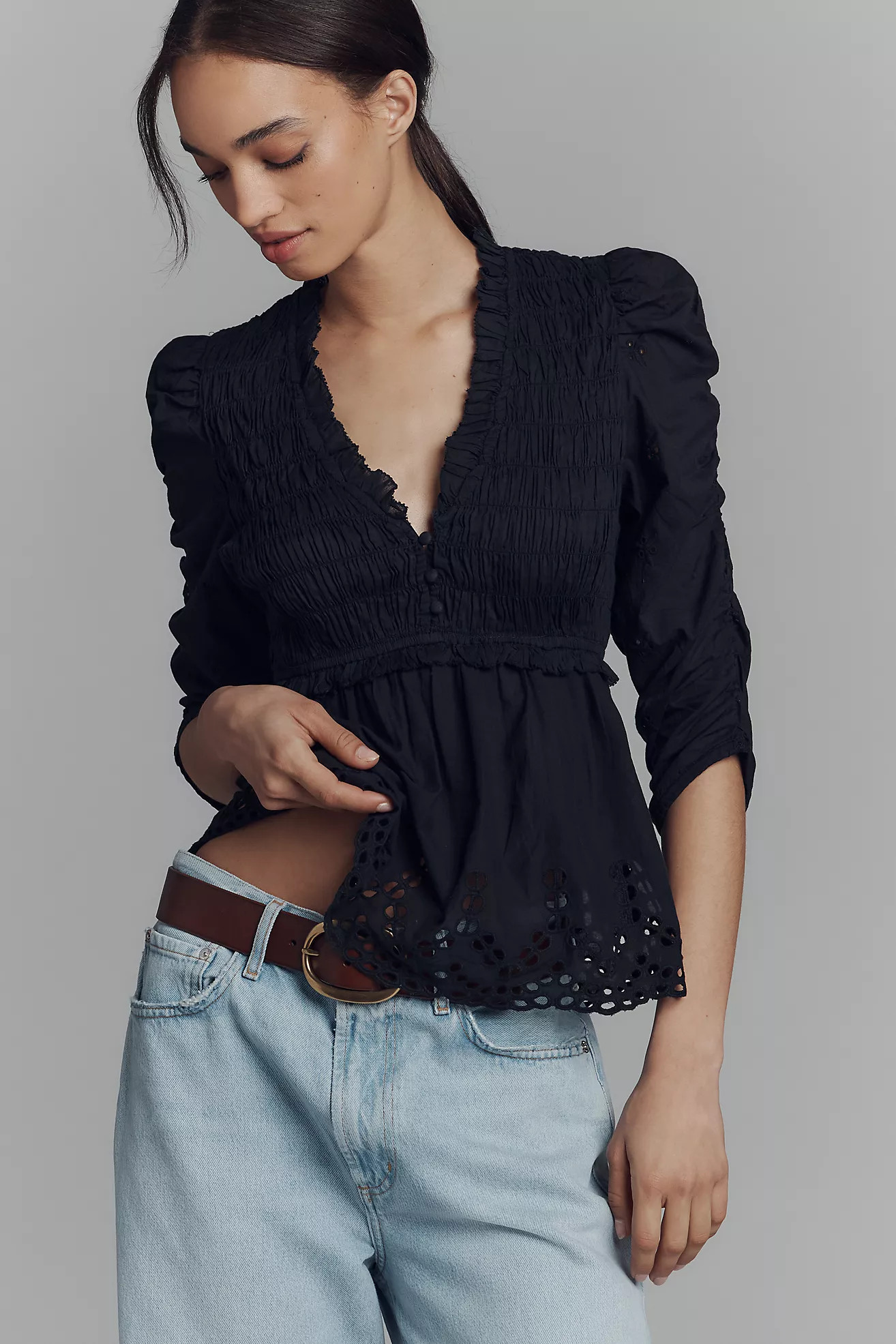 By Anthropologie Ruched-Sleeve Smocked Blouse | Anthropologie (US)