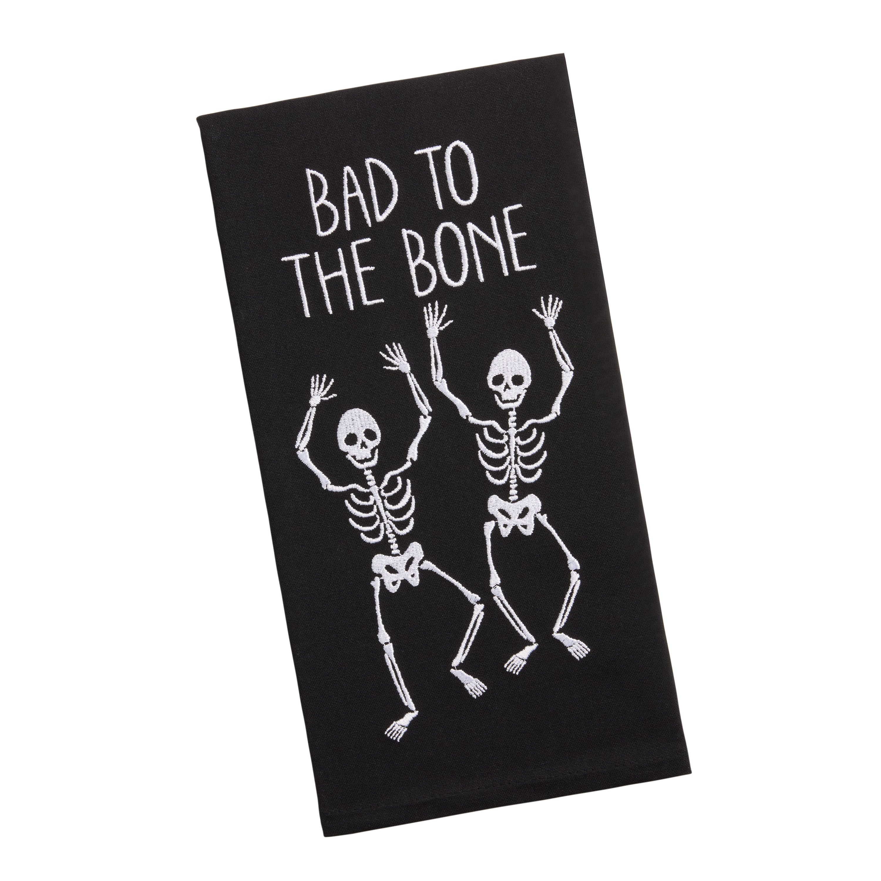 Black and White Embroidered Bad to the Bone Kitchen Towel | World Market