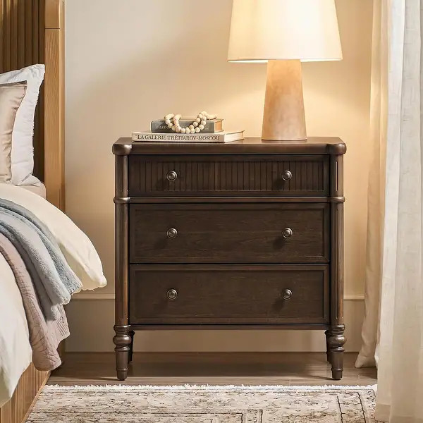 HULALA HOME Naiara Transitional 3-Drawer Fluted Solid Wood End Table with Power Outlets | Bed Bath & Beyond