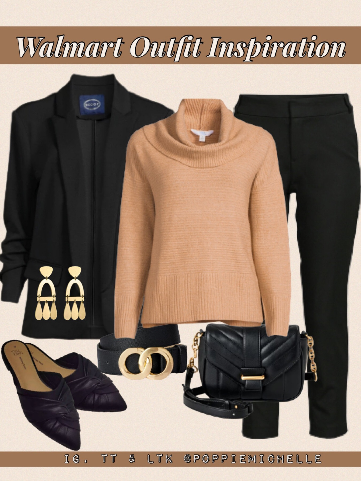 @walmartfashion #walmartpartner tan sweater cowl neck sweater brown sweater light brown sweater black pants black dress pants black cropped pants black blazer black scuba blazer quilted crossbody purse black crossbody purse with chain strap envelope purse black belt gold circles black satin shoes Time and Tru Walmart sweater Walmart outfit Walmart fashion Walmart style PoppieMichelle black mule shoes leopard print shoes #ad #sponsored 

#LTKcurves #LTKSeasonal #LTKworkwear