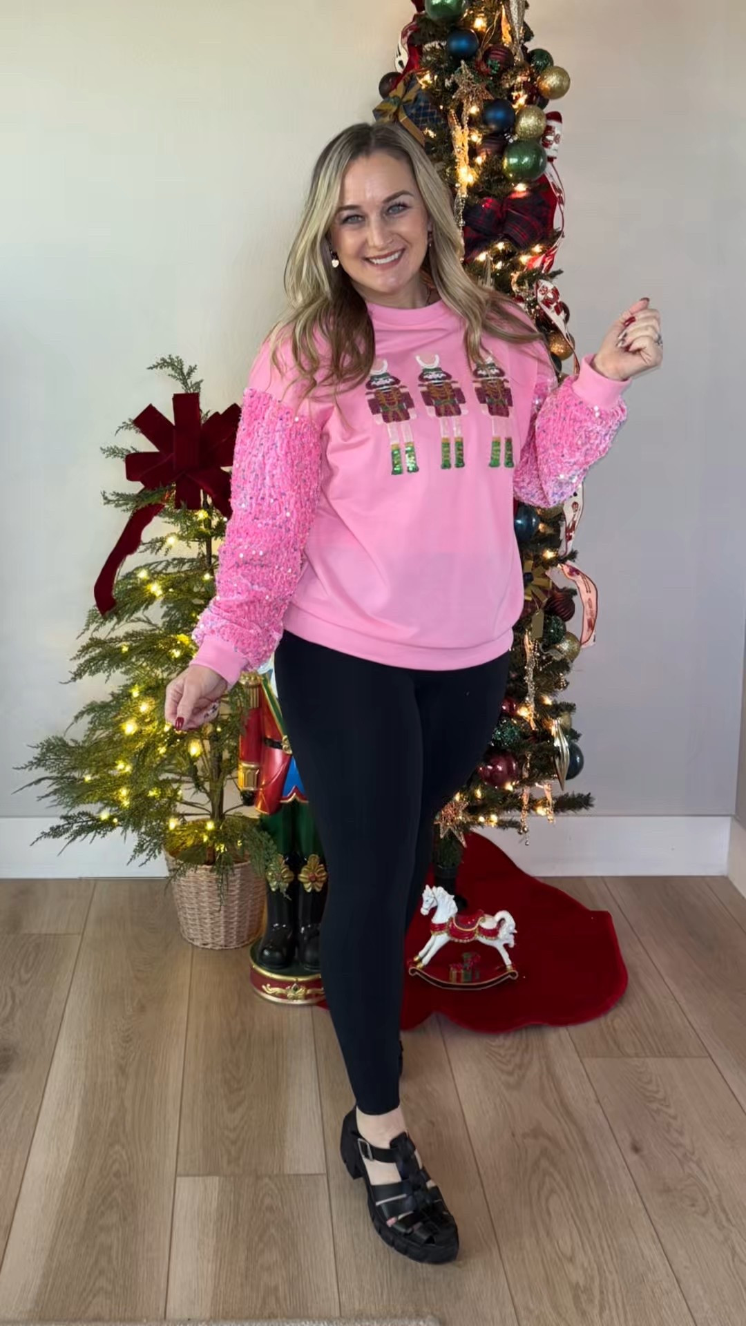 Day 15 of 25 🎄✨
All the sparkle, all the fun. Pink sequins + festive nutcrackers = holiday magic done right. Paired with classic black leggings and Mary Jane sandals for the perfect mix of comfy and cute.

Because if there’s ever a time to shine… it’s Christmas. 💖
#Day15Of25 #ChristensenChristmas #HolidaySparkle #NutcrackerStyle #FestiveFashion #ChristmasOOTD #SequinSeason



#LTKHoliday #LTKgrwm #LTKootd