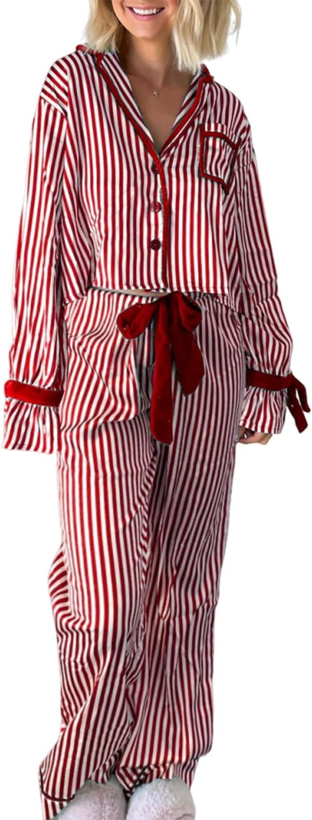 Women Stripe Print Pajamas Set Long Sleeve Lapel Button up Tops PJ Bottom Sleepwear 2 Piece Loung... | Amazon (US)