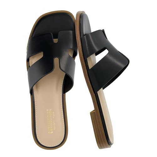 CUSHIONAIRE Voyage Cutout Strap Slides for Women, Slip On Summer Flats, Trendy Footwear, Memory Foam Vegan Leather Comfortable Vacation Style Sandals 2026, BLACK 9 | Amazon (US)