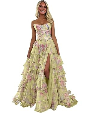 Strapless Tiered Floral Print Prom Dresses for Women Corset Ruffle Long Slit Formal Evening Party... | Amazon (US)