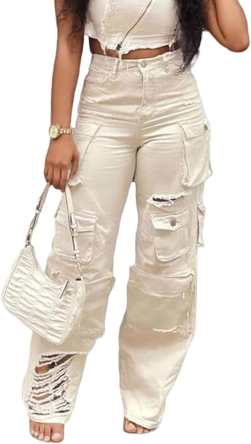 LKOUS Women’s Cargo Baggy Straight Jeans Streetwear Y2K High Waist Wide Leg Denim Pants with Mu... | Amazon (US)