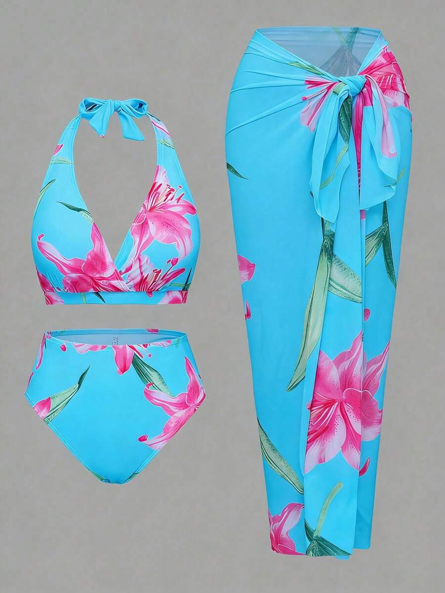 Swim Oasis Plus Size Women 3-Piece Set Sexy Halter Random Digital Print Beach Pool Casual Elegant... | SHEIN