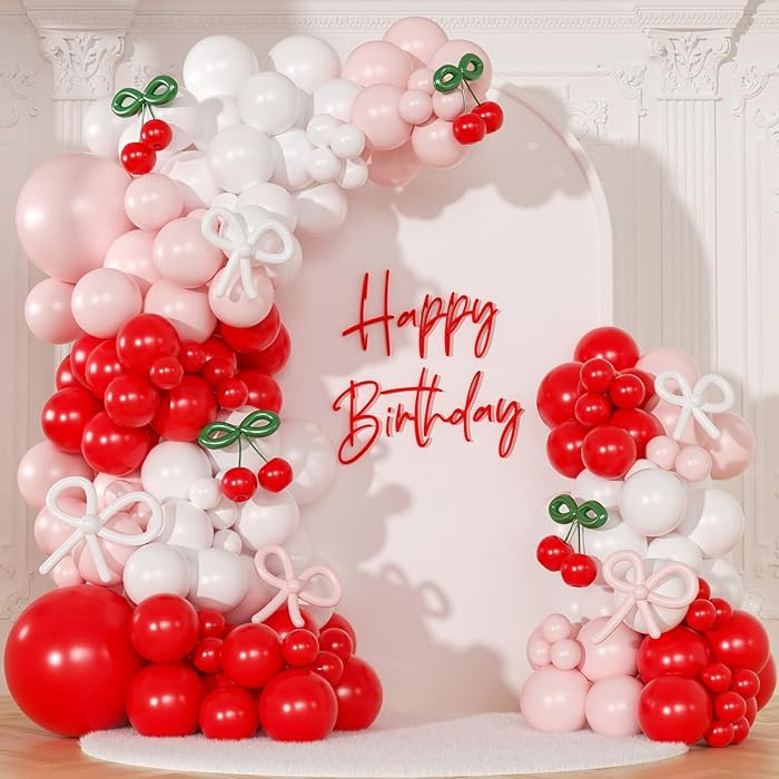 CROSSFINGERS Cherry Red Balloon Garland Arch Kit, Bow Pastel Pink and White Birthday Balloons Gar... | Amazon (US)