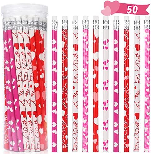 HINZER 50Pcs Valentines Day Pencils for Kids Party Favors Valentines Wood Pencils Bulk with Erase... | Amazon (US)