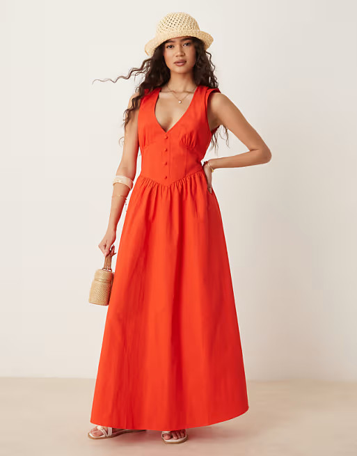 ASOS DESIGN v neck waisted button down midi dress in red | ASOS | ASOS (Global)