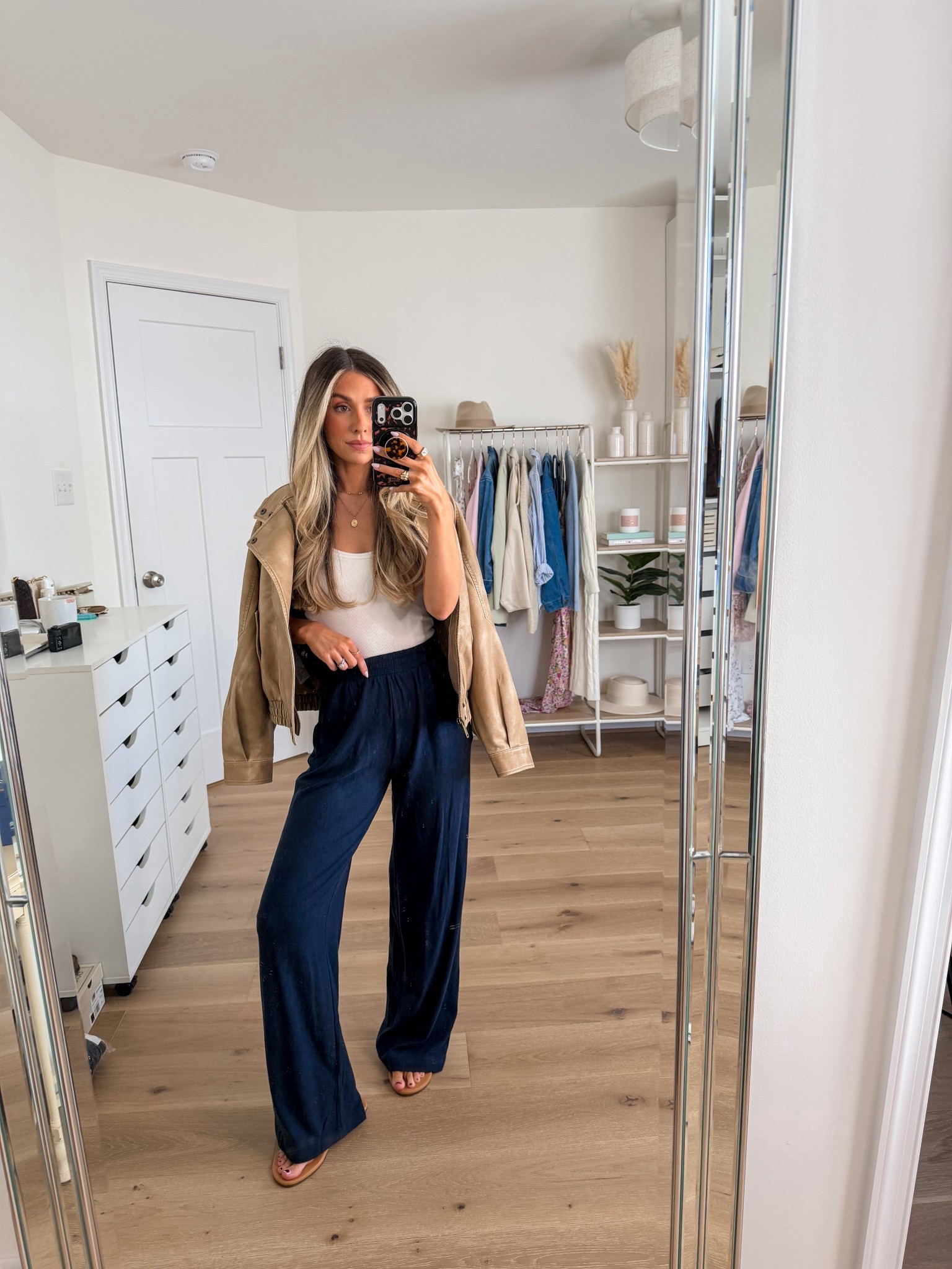 Elevated casual spring outfit 
+ tan jacket: xxs 
+ tank top: xs
+ wide leg lounge pants: xxs

#LTKSeasonal #LTKdayinmylife #LTKootd