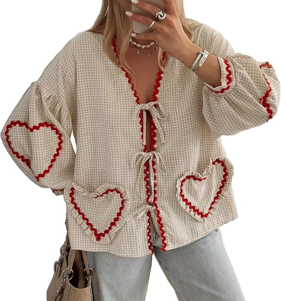 Tie Front Tops for Women Gingham Babydoll Bow Top Puff Sleeve Coquette Tops Heart Long Sleeve Cut... | Amazon (US)