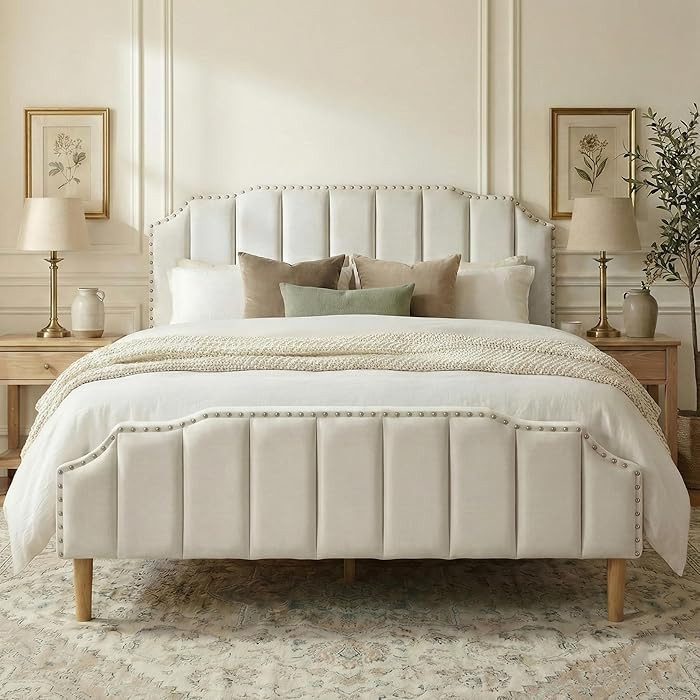 Queen Bed Frame Cream White Velvet, 48.8" Tall Arched Headboard and Footboard Set, Luxury Platfor... | Amazon (US)