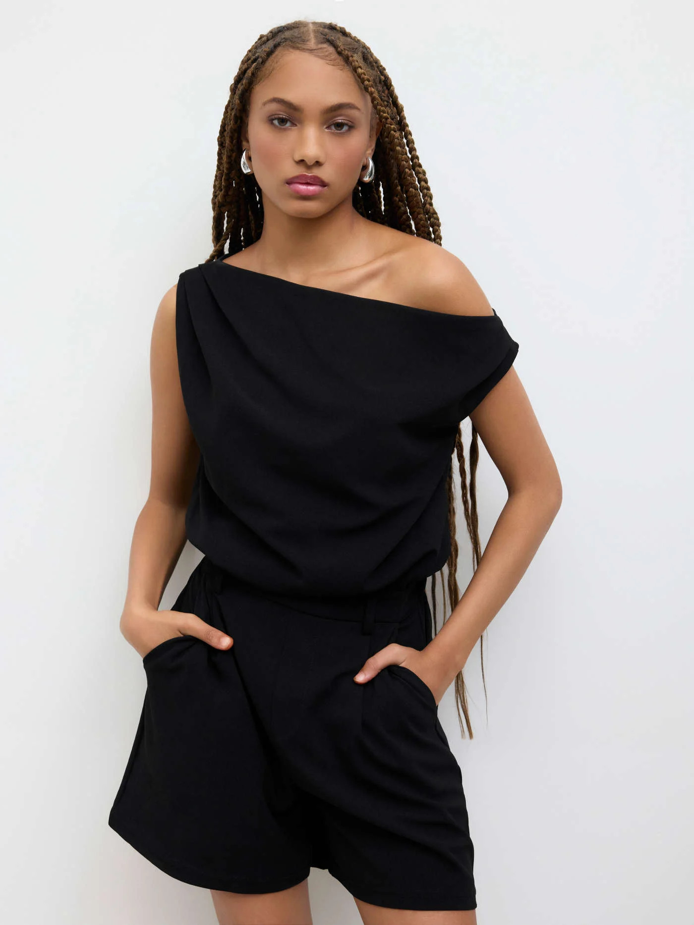 Knit Fabric Asymmetrical Neck Solid Pleated Romper For Daily Casual | Cider