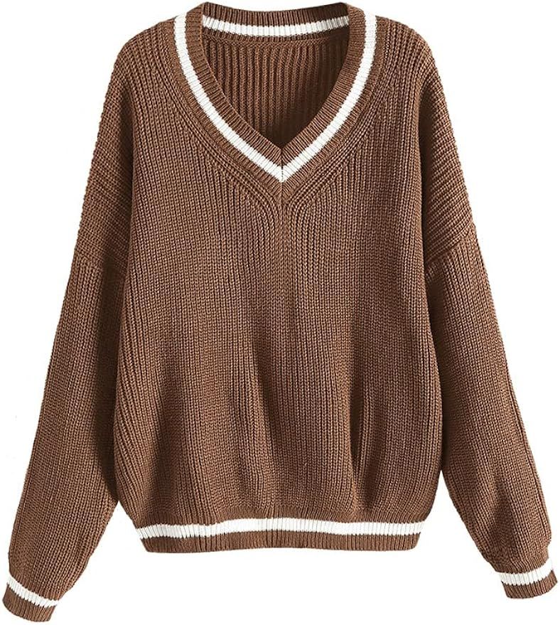 ZAFUL Women's V Neck Loose Sweater Pullovers Preppy Loose Drop Shoulder Sweater (Coffee-Preppy,M) | Amazon (US)