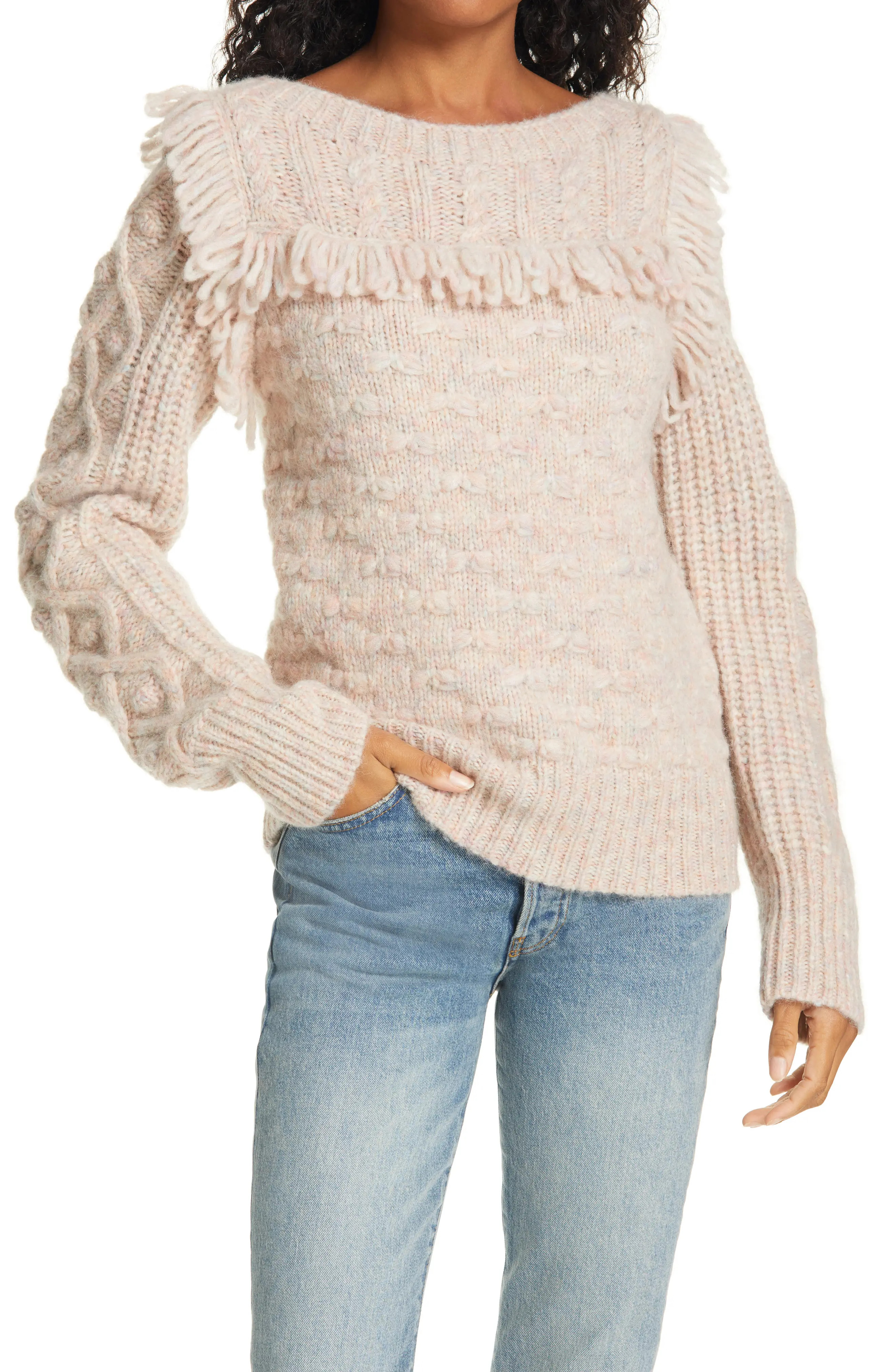 Women's Loveshackfancy Kingston Fringe Sweater, Size Medium - Pink | Nordstrom