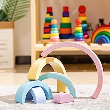Amazon.com: MerryHeart Wooden Rainbow Stacking Toy, Small Pastel Rainbow Stacker, 6 Piece Rainbow... | Amazon (US)
